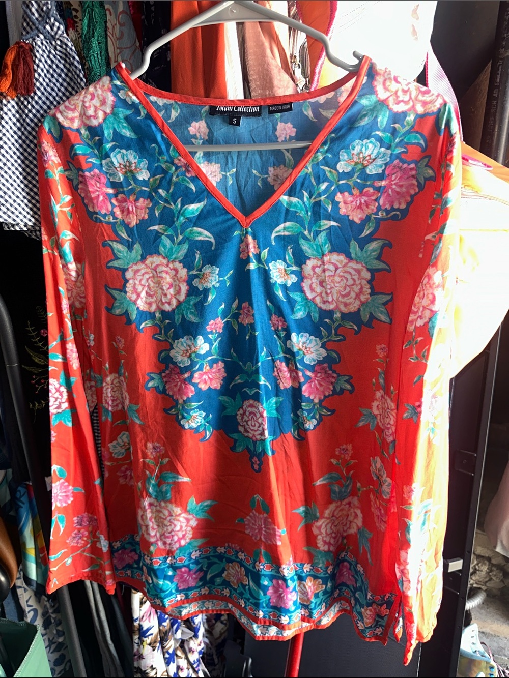 Tolani Coral and Teal Floral V-Neck Tunic